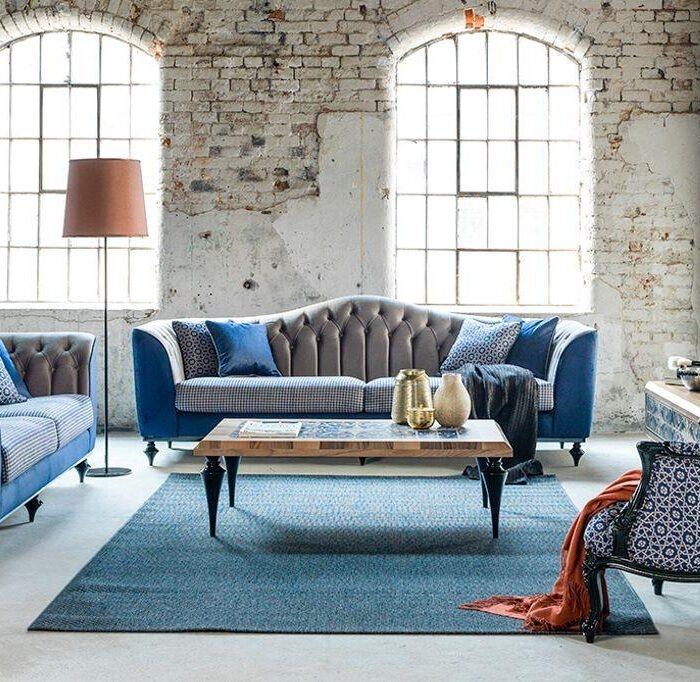 Luxury Girne Blue Sofa Set 3+2+1